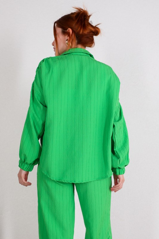 TKM-03391 Yeşil Balon Kol Gömlek Salaş Pantolon Paris Kumaş İkili Takım