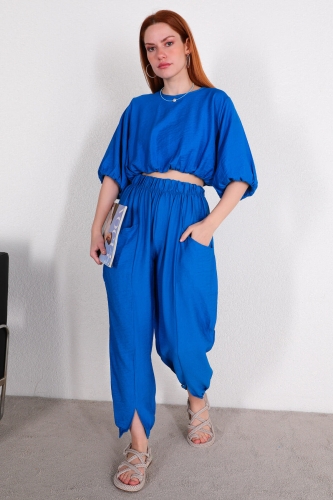 TKM-03392 Saks Mavisi Büzgülü Bluz Cepli Şalvar Model Pantolon İkili Takım - Thumbnail