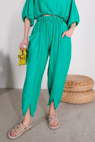 TKM-03392 Yeşil Büzgülü Bluz Cepli Şalvar Model Pantolon İkili Takım - Thumbnail