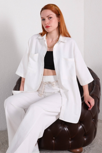 TKM-03394 Beyaz Yarım Kol Gömlek Halatlı Pantolon İkili Takım - Thumbnail