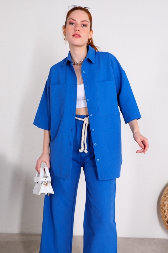 TKM-03394 Saks Mavisi Yarım Kol Gömlek Halatlı Pantolon İkili Takım - Thumbnail