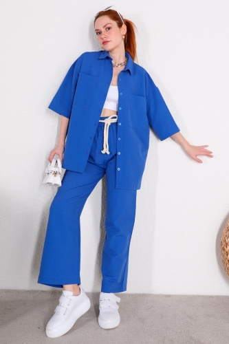 TKM-03394 Saks Mavisi Yarım Kol Gömlek Halatlı Pantolon İkili Takım - Thumbnail