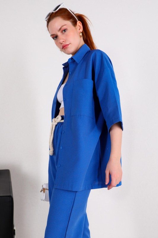TKM-03394 Saks Mavisi Yarım Kol Gömlek Halatlı Pantolon İkili Takım