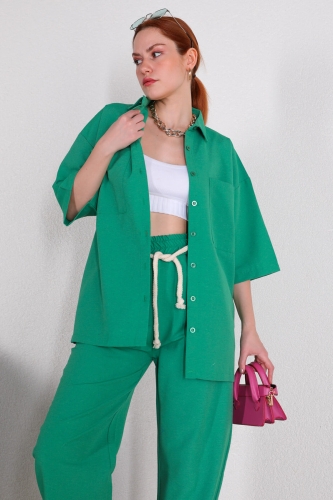 TKM-03394 Yeşil Yarım Kol Gömlek Halatlı Pantolon İkili Takım - Thumbnail
