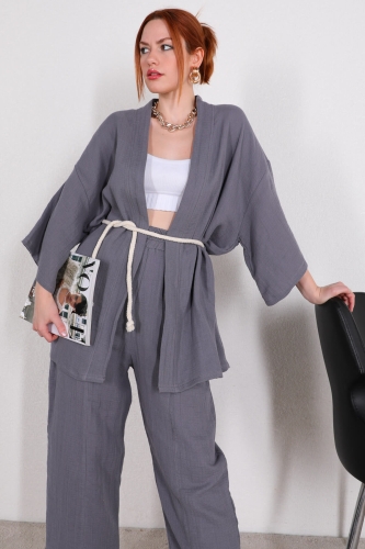 TKM-03396 Füme Bağlamalı Kimono Salaş Pantolon İkili Takım - Thumbnail