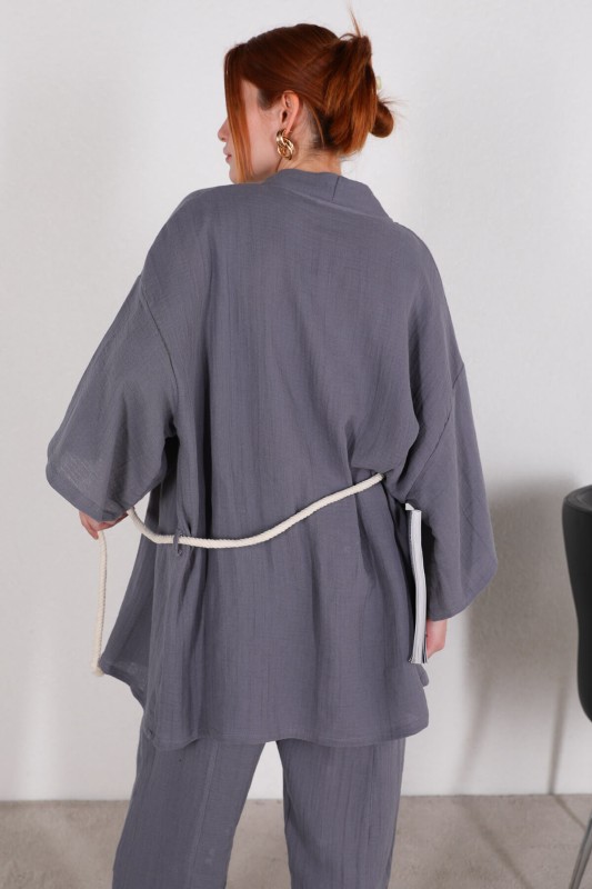 TKM-03396 Füme Bağlamalı Kimono Salaş Pantolon İkili Takım