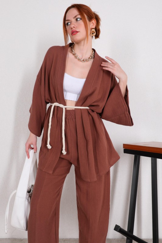 TKM-03396 Kahverengi Bağlamalı Kimono Salaş Pantolon İkili Takım