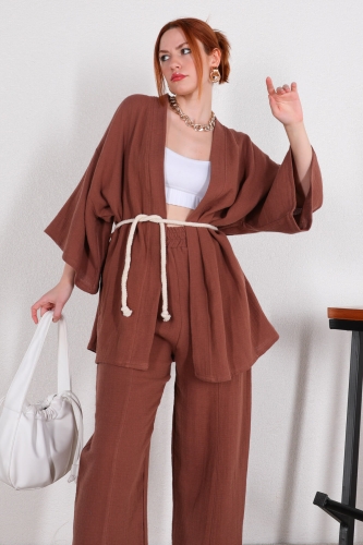 TKM-03396 Kahverengi Bağlamalı Kimono Salaş Pantolon İkili Takım - Thumbnail