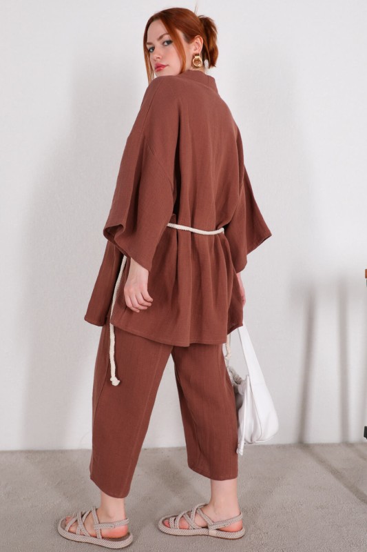 TKM-03396 Kahverengi Bağlamalı Kimono Salaş Pantolon İkili Takım