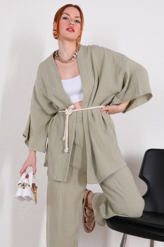 TKM-03396 Mint Yeşili Bağlamalı Kimono Salaş Pantolon İkili Takım