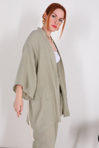 TKM-03396 Mint Yeşili Bağlamalı Kimono Salaş Pantolon İkili Takım - Thumbnail