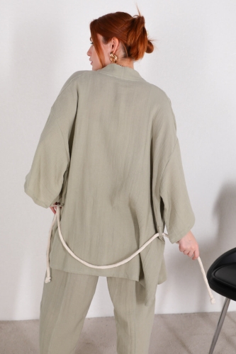 TKM-03396 Mint Yeşili Bağlamalı Kimono Salaş Pantolon İkili Takım - Thumbnail