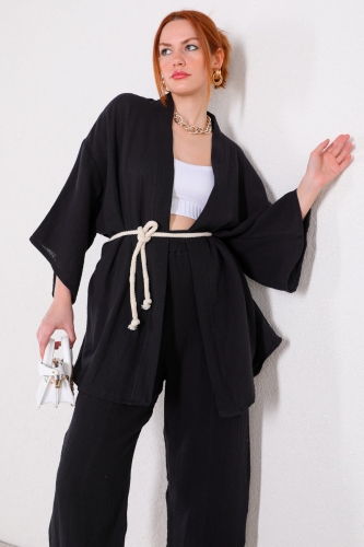 TKM-03396 Siyah Bağlamalı Kimono Salaş Pantolon İkili Takım - Thumbnail