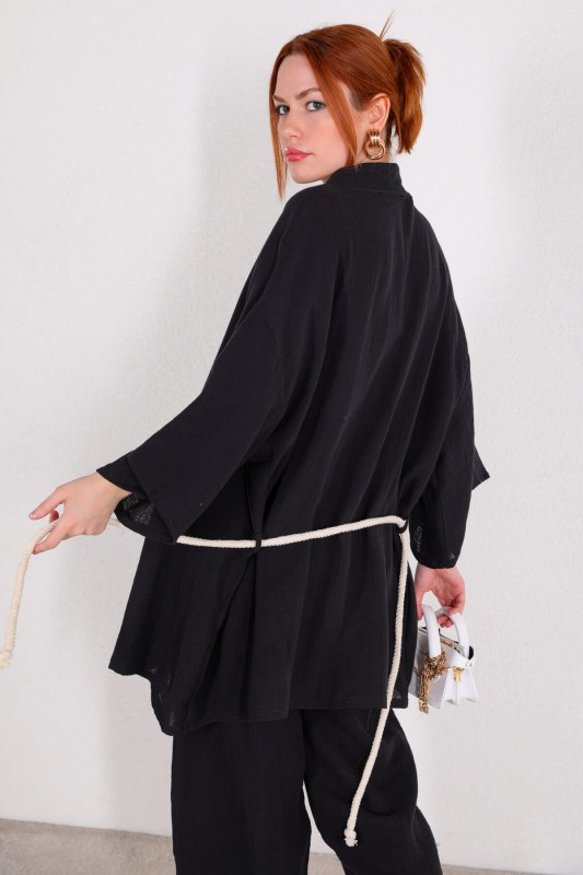 TKM-03396 Siyah Bağlamalı Kimono Salaş Pantolon İkili Takım