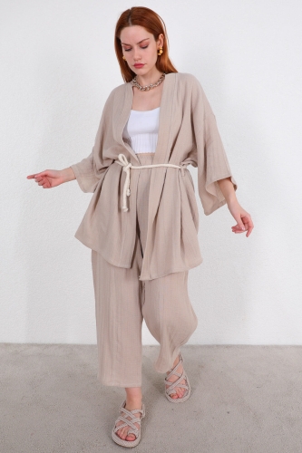 TKM-03396 Taş Rengi Bağlamalı Kimono Salaş Pantolon İkili Takım - Thumbnail