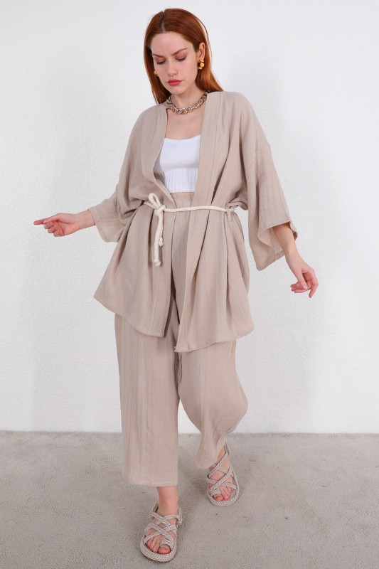 TKM-03396 Taş Rengi Bağlamalı Kimono Salaş Pantolon İkili Takım