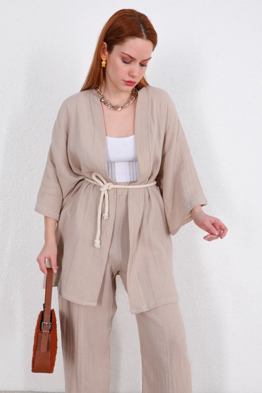 TKM-03396 Taş Rengi Bağlamalı Kimono Salaş Pantolon İkili Takım