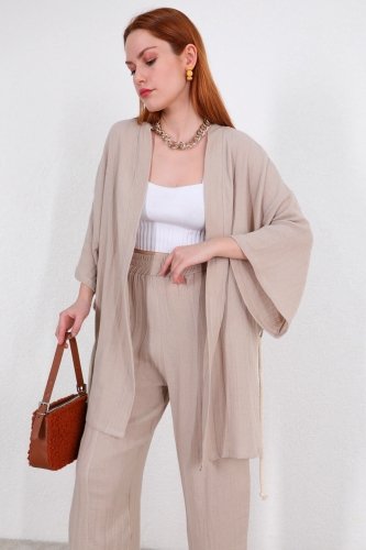 TKM-03396 Taş Rengi Bağlamalı Kimono Salaş Pantolon İkili Takım - Thumbnail