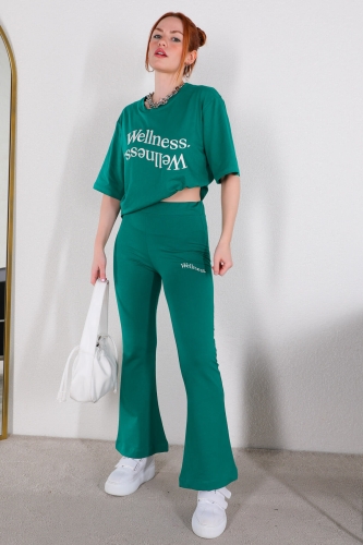 TKM-03399 Yeşil Wellnes Nakışlı Tişört İspanyol Paça Pantolon İkili Takım - Thumbnail