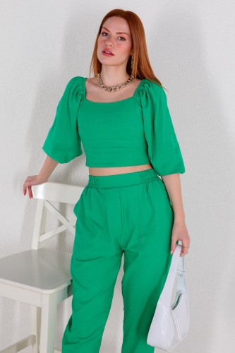 TKM-03400 Yeşil Kayık Yaka Bluz Pantolon İkili Takım - Thumbnail