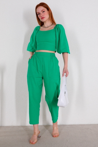 TKM-03400 Yeşil Kayık Yaka Bluz Pantolon İkili Takım - Thumbnail