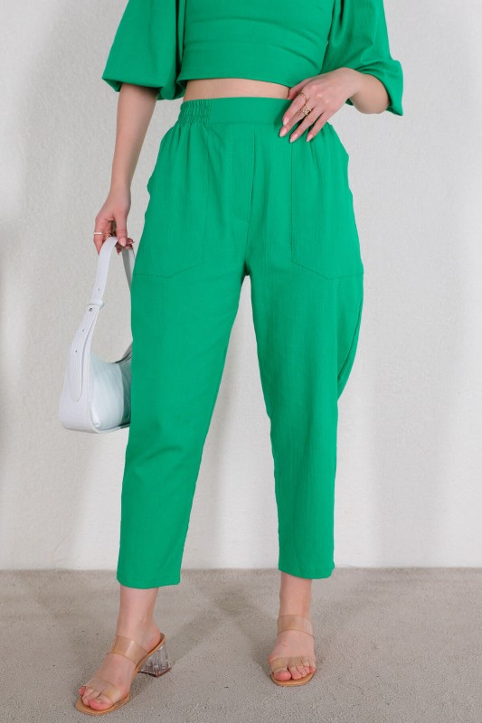 TKM-03400 Yeşil Kayık Yaka Bluz Pantolon İkili Takım