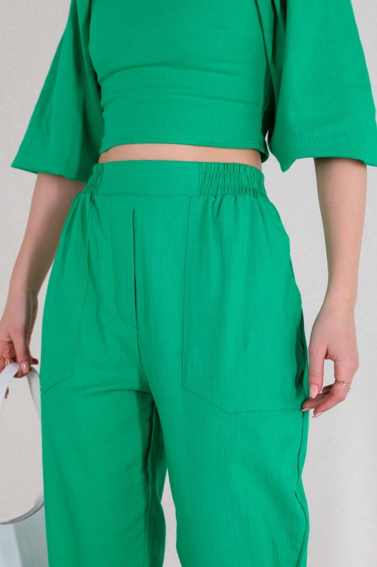 TKM-03400 Yeşil Kayık Yaka Bluz Pantolon İkili Takım