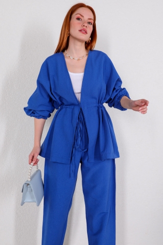 TKM-03401 Mavi Bel Lastikli Kimono Bağlamalı Pantolon İkili Takım - Thumbnail