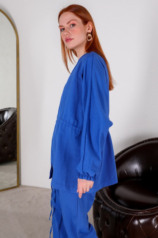 TKM-03401 Mavi Bel Lastikli Kimono Bağlamalı Pantolon İkili Takım