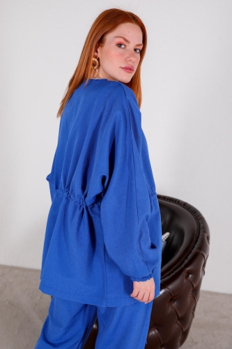 TKM-03401 Mavi Bel Lastikli Kimono Bağlamalı Pantolon İkili Takım - Thumbnail
