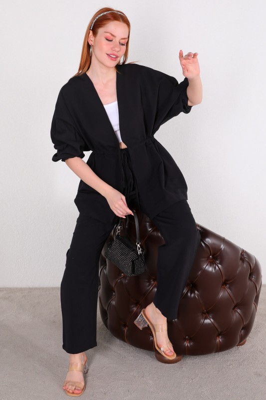 TKM-03401 Siyah Bel Lastikli Kimono Bağlamalı Pantolon İkili Takım