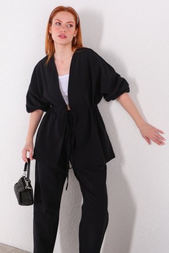 TKM-03401 Siyah Bel Lastikli Kimono Bağlamalı Pantolon İkili Takım - Thumbnail