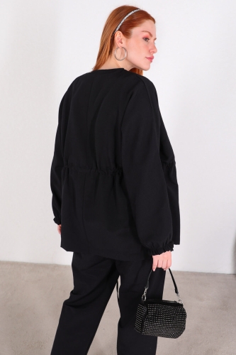 TKM-03401 Siyah Bel Lastikli Kimono Bağlamalı Pantolon İkili Takım - Thumbnail