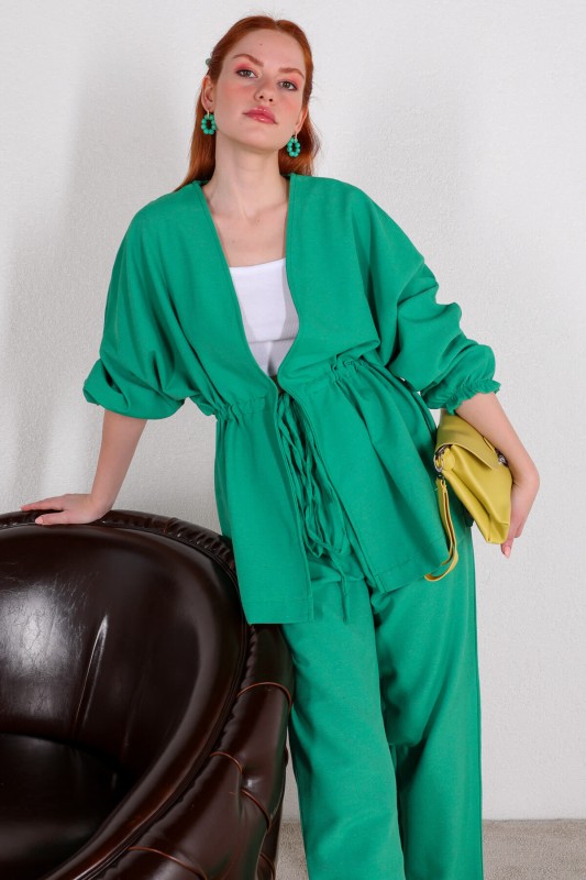 TKM-03401 Yeşil Bel Lastikli Kimono Bağlamalı Pantolon İkili Takım