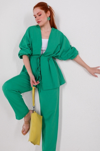 Cappmoda - TKM-03401 Yeşil Bel Lastikli Kimono Bağlamalı Pantolon İkili Takım (1)