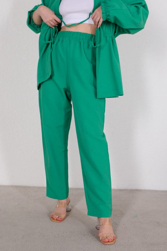 TKM-03401 Yeşil Bel Lastikli Kimono Bağlamalı Pantolon İkili Takım