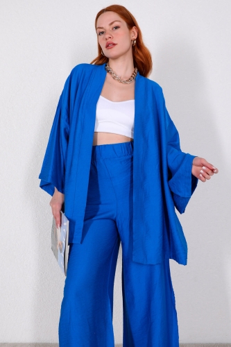 Cappmoda - TKM-03417 Saks Mavisi Pamuklu Kumaş Salaş Kimono Pantolon İkili Takım (1)