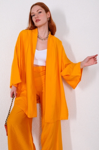 Cappmoda - TKM-03417 Sarı Pamuklu Kumaş Salaş Kimono Pantolon İkili Takım (1)