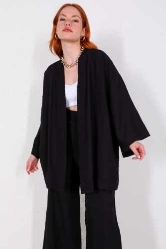 Cappmoda - TKM-03417 Siyah Pamuklu Kumaş Salaş Kimono Pantolon İkili Takım (1)