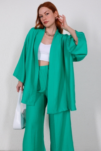 Cappmoda - TKM-03417 Yeşil Pamuklu Kumaş Salaş Kimono Pantolon İkili Takım (1)
