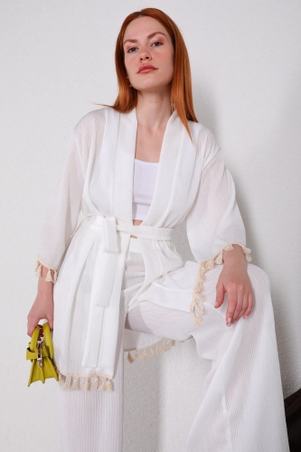 TKM-03421 Beyaz Akordeon Kumaş Püskül Detaylı Kimono İkili Takım - Thumbnail