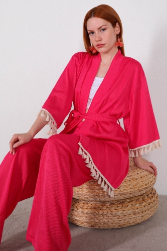TKM-03421 Fuşya Akordeon Kumaş Püskül Detaylı Kimono İkili Takım - Thumbnail
