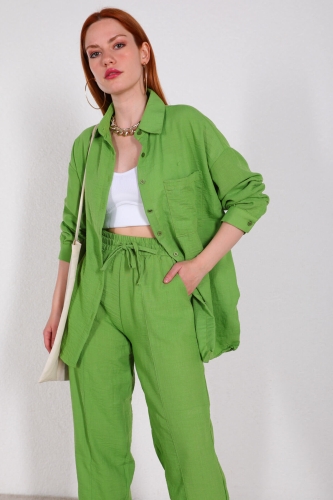 Cappmoda - TKM-03427 Yeşil Keten Salaş Gömlek Lastikli Pantolon İkili Takım (1)