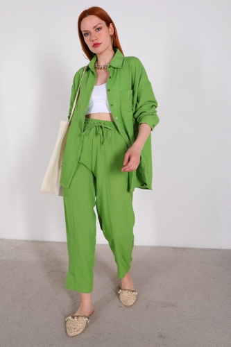 TKM-03427 Yeşil Keten Salaş Gömlek Lastikli Pantolon İkili Takım - Thumbnail