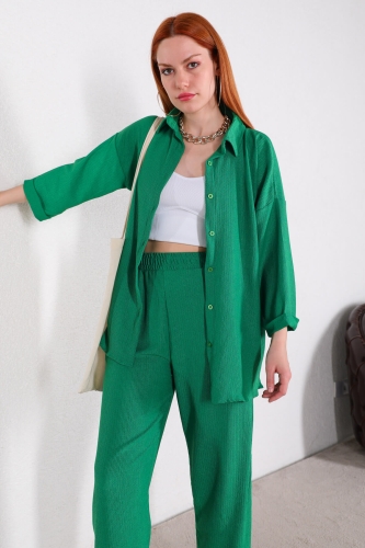 Cappmoda - TKM-03428 Yeşil Salaş Model Gömlek Pantolon İkili Takım (1)