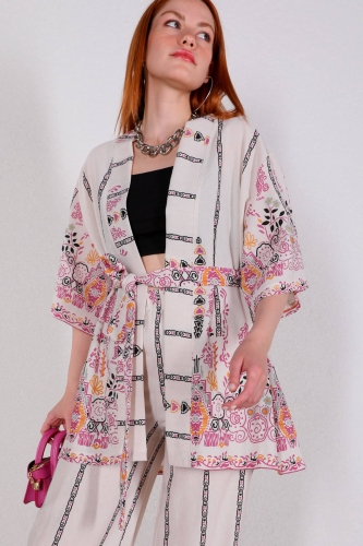 Cappmoda - TKM-03431 Pembe Etnik Desenli Keten Kumaş Kimono Pantolon İkili Takım (1)