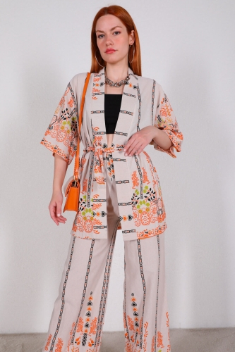 Cappmoda - TKM-03431 Turuncu Etnik Desenli Keten Kumaş Kimono Pantolon İkili Takım (1)