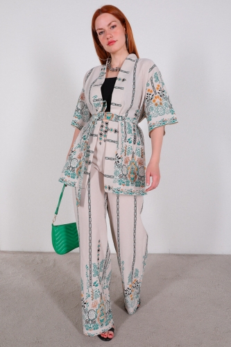 TKM-03431 Yeşil Etnik Desenli Keten Kumaş Kimono Pantolon İkili Takım - Thumbnail