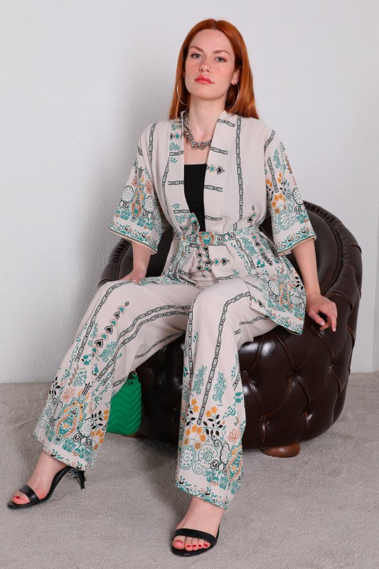 TKM-03431 Yeşil Etnik Desenli Keten Kumaş Kimono Pantolon İkili Takım