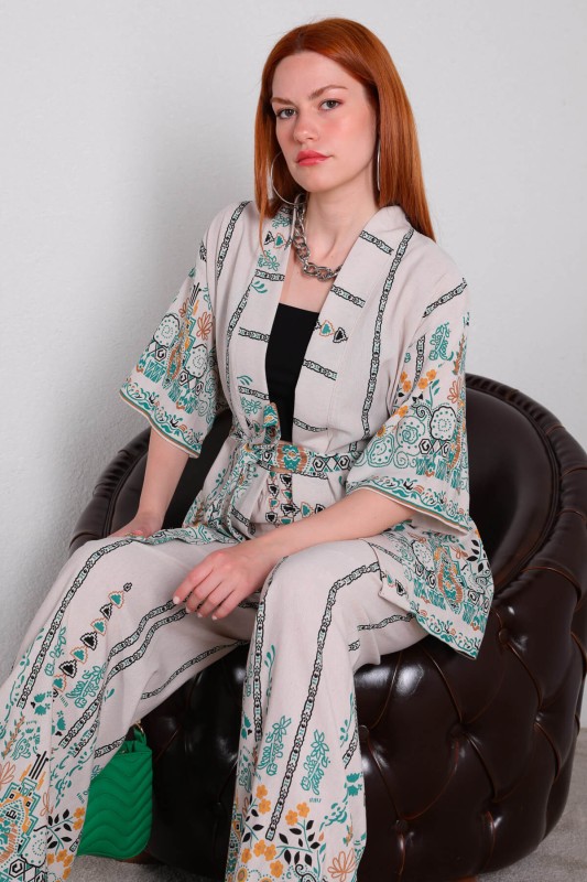TKM-03431 Yeşil Etnik Desenli Keten Kumaş Kimono Pantolon İkili Takım